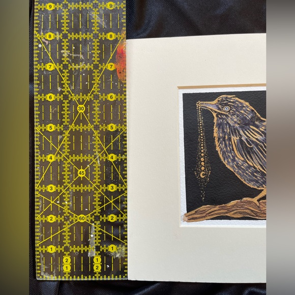 Original art watercolor ink gold bird raven crow mystical witchy moon academia - Picture 7 of 13